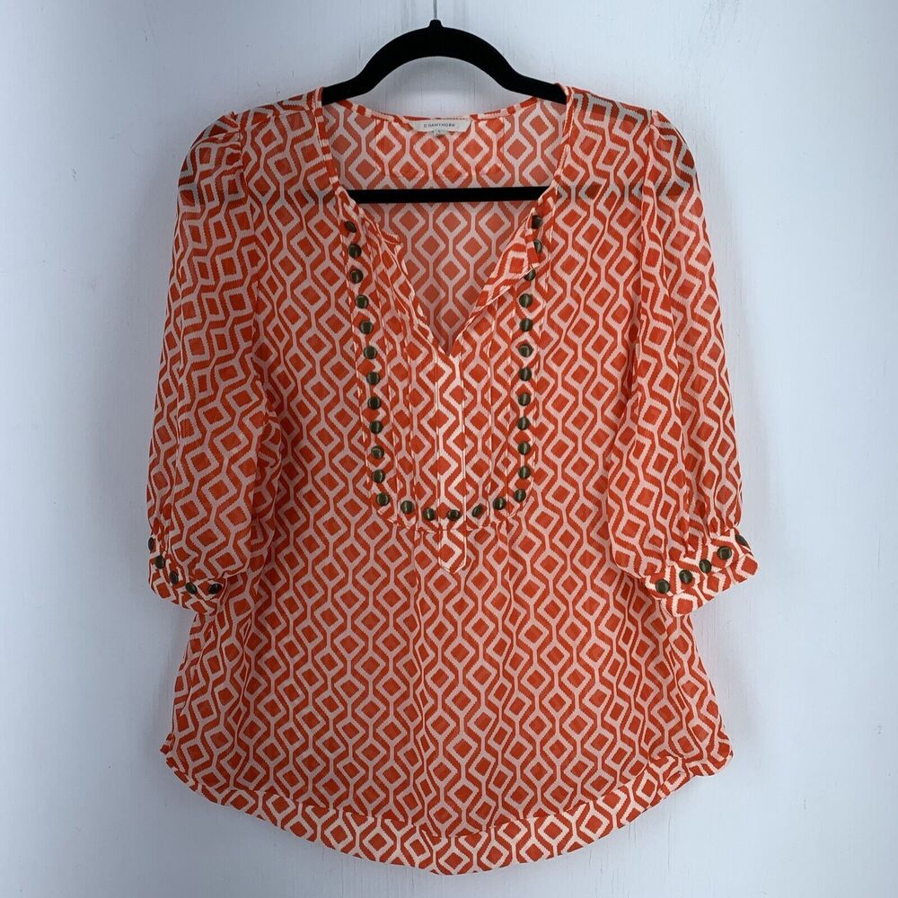 41 Hawthorn Womens Large Popover Blouse Studded Preppy Boho Festival Geometric - Picture 1 of 8